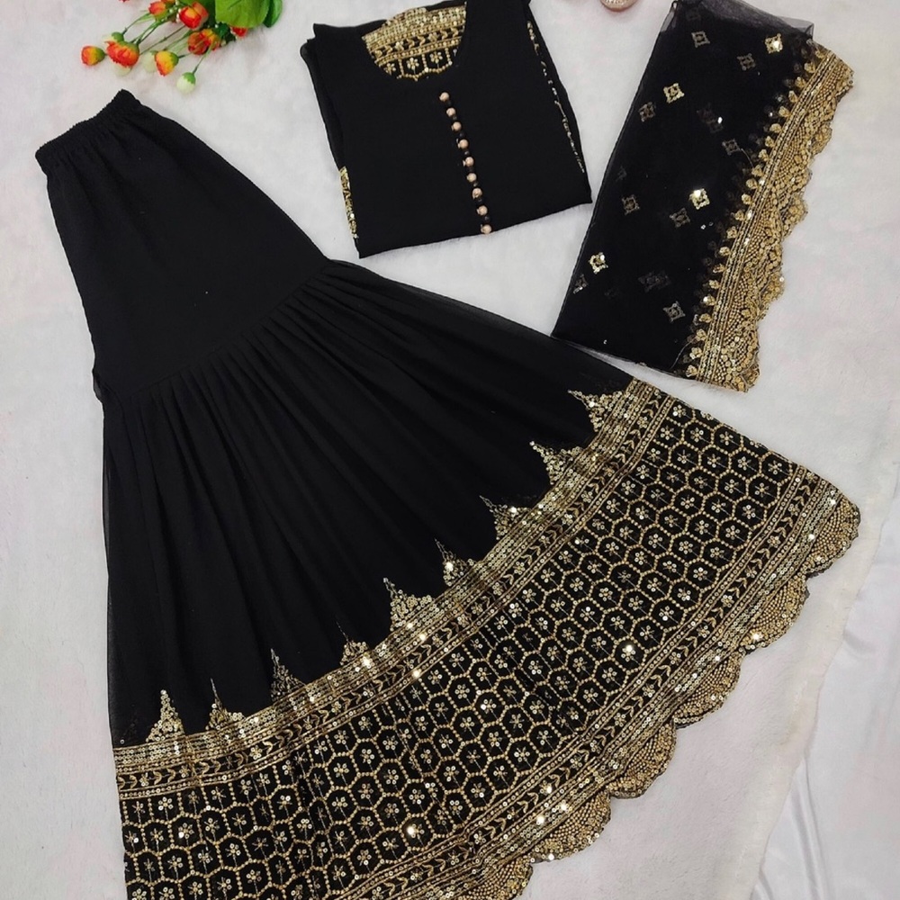 Wedding Wear Black Kurta Sharara Set with Duppatta, Pakistani Georgette 3pcs